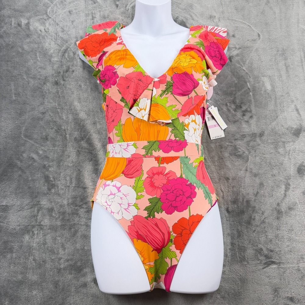 Trina Turk Sunny Bloom One Piece Swimsuit Size 6 Floral Ruffle Tie Back NWT $154